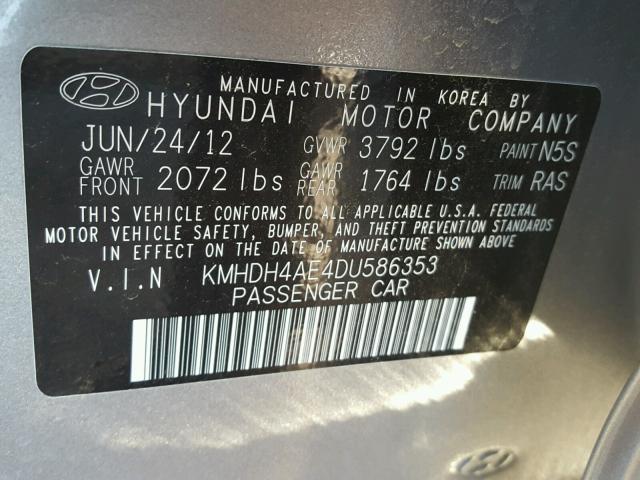 KMHDH4AE4DU586353 - 2013 HYUNDAI ELANTRA GL GRAY photo 10