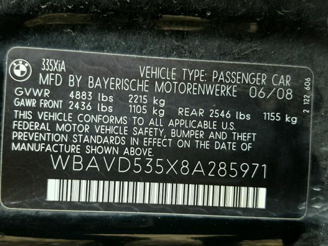 WBAVD535X8A285971 - 2008 BMW 335 XI BLACK photo 10