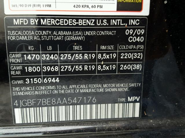 4JGBF7BE8AA547176 - 2010 MERCEDES-BENZ GL 450 4MA BLACK photo 10