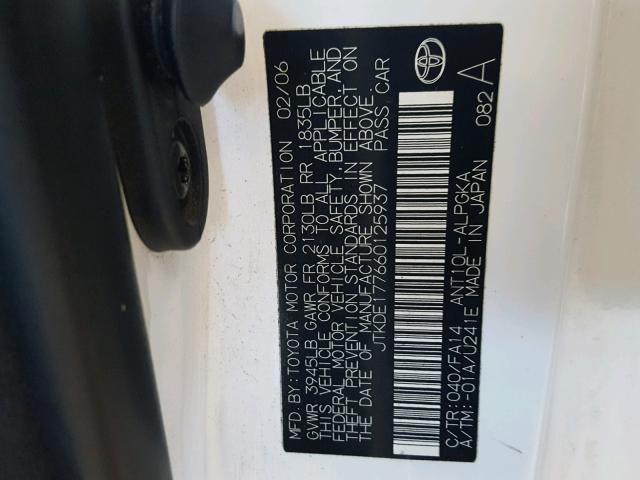 JTKDE177660125937 - 2006 TOYOTA SCION TC 白色 照片 10