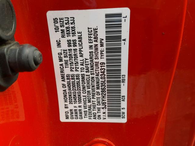 5J6YH28635L034319 - 2005 HONDA ELEMENT EX RED photo 10