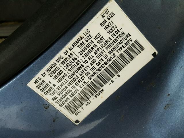 5FNRL38767B059132 - 2007 HONDA ODYSSEY EX BLUE photo 10