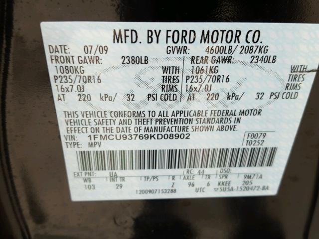 1FMCU93769KD08902 - 2009 FORD ESCAPE XLT BLACK photo 10