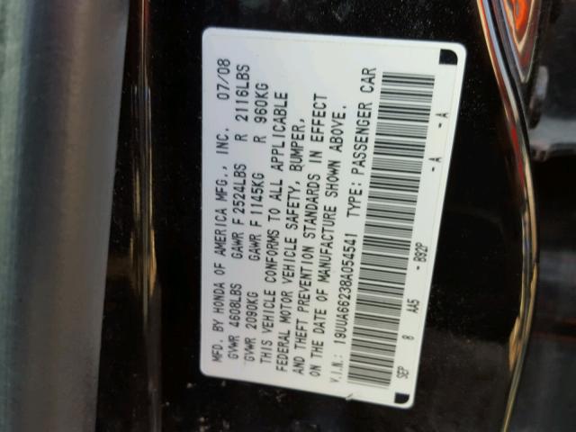 19UUA66238A054541 - 2008 ACURA TL BLACK photo 10