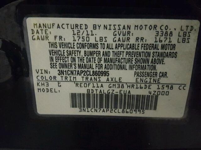 3N1CN7AP2CL860995 - 2012 NISSAN VERSA S BLACK photo 10