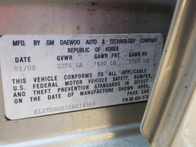 KL1TD66618B214969 - 2008 CHEVROLET AVEO BASE Күміс фото 10