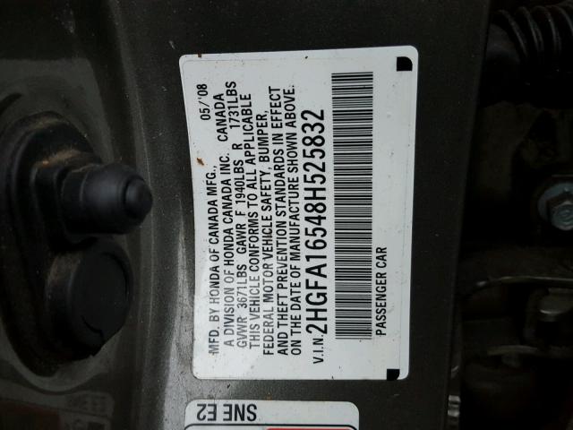 2HGFA16548H525832 - 2008 HONDA CIVIC LX GRAY photo 10