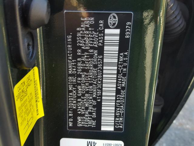 4T1BF3EK2BU736576 - 2011 TOYOTA CAMRY BASE GREEN photo 10
