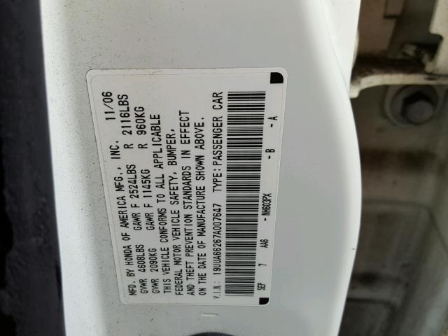 19UUA66267A007647 - 2007 ACURA TL WHITE photo 10