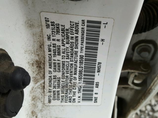 1HGFA16598L018590 - 2008 HONDA CIVIC LX WHITE photo 10