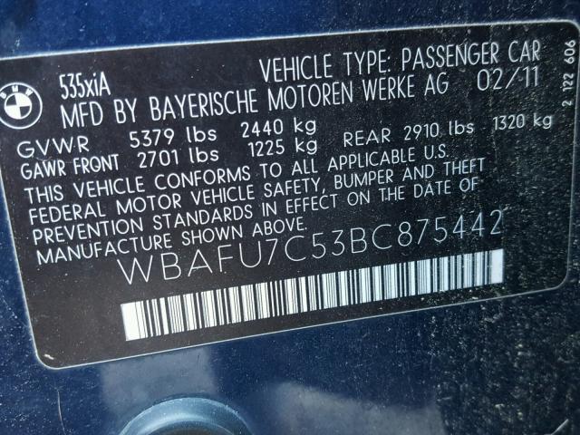WBAFU7C53BC875442 - 2011 BMW 535 XI Mavi foto 10