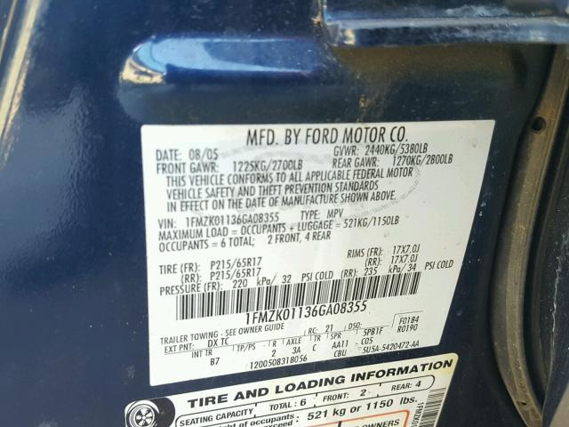 1FMZK01136GA08355 - 2006 FORD FREESTYLE BLUE photo 10