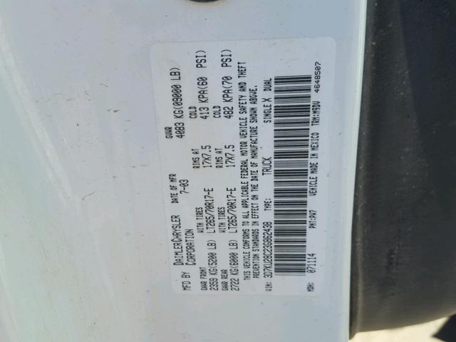3D7KU28C23G862438 - 2003 DODGE RAM 2500 S WHITE photo 10