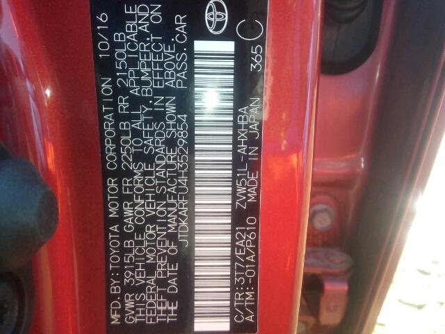 JTDKARFU4H3529854 - 2017 TOYOTA PRIUS RED photo 10