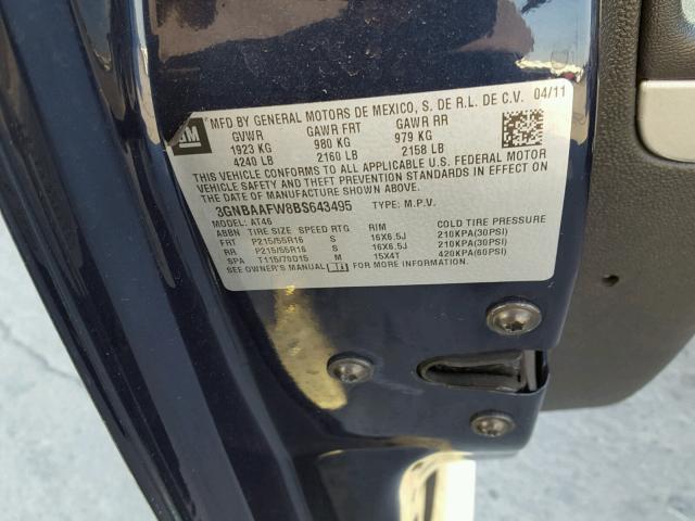 3GNBAAFW8BS643495 - 2011 CHEVROLET HHR LS BLUE photo 10