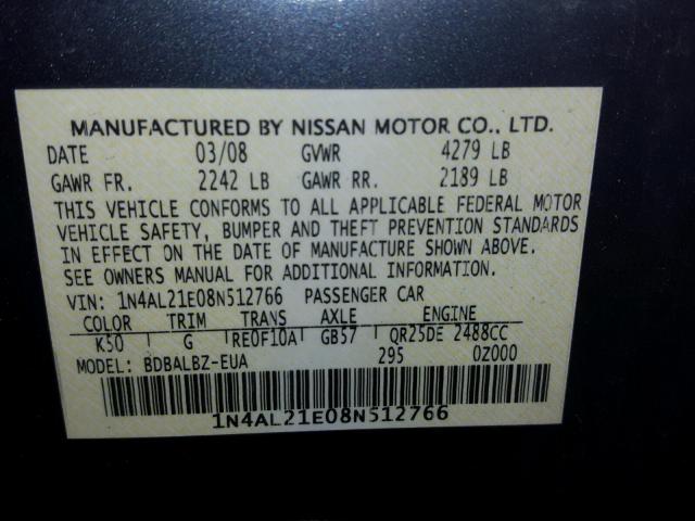 1N4AL21E08N512766 - 2008 NISSAN ALTIMA 2.5 GRAY photo 10