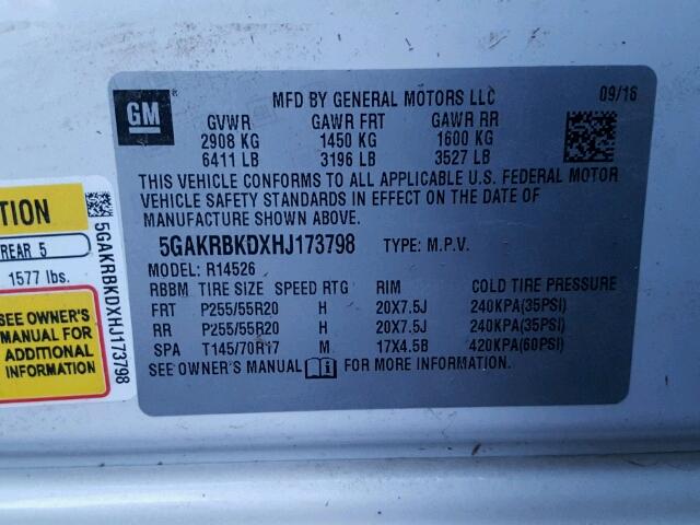 5GAKRBKDXHJ173798 - 2017 BUICK ENCLAVE WHITE photo 10