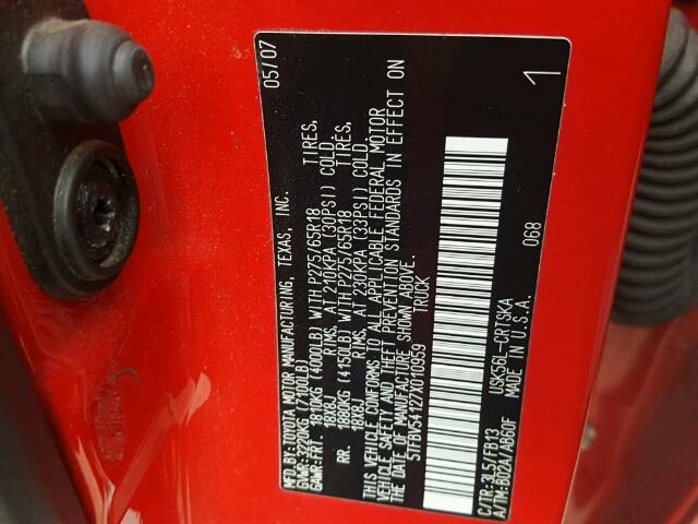 5TFBV54127X010959 - 2007 TOYOTA TUNDRA DOU RED photo 10