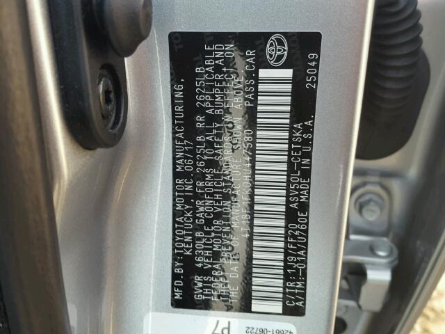 4T1BF1FK0HU447580 - 2017 TOYOTA CAMRY LE SILVER photo 10