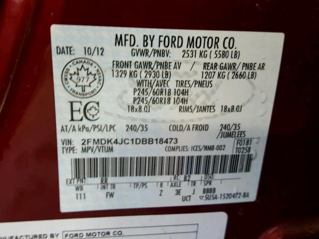 2FMDK4JC1DBB18473 - 2013 FORD EDGE SEL RED photo 10