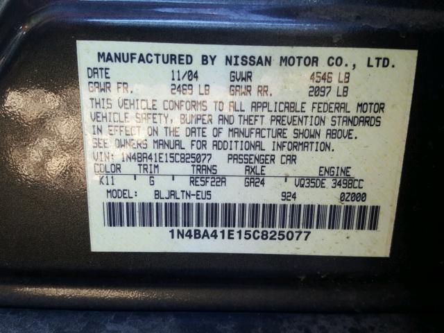 1N4BA41E15C825077 - 2005 NISSAN MAXIMA SE GRAY photo 10