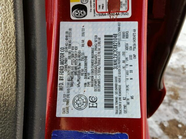 3LNHL2JC2CR821048 - 2012 LINCOLN MKZ RED photo 10