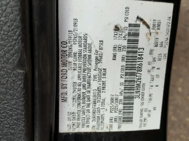 3LNHM26T78R618413 - 2008 LINCOLN MKZ BLACK photo 10