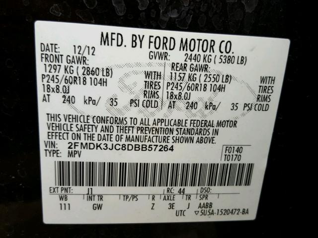 2FMDK3JC8DBB57264 - 2013 FORD EDGE SEL BLACK photo 10