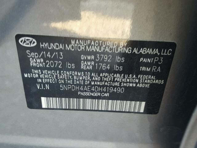 5NPDH4AE4DH419490 - 2013 HYUNDAI ELANTRA GL GRAY photo 10