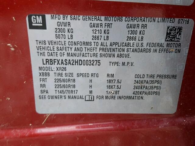 LRBFXASA2HD003275 - 2017 BUICK ENVISION P RED photo 10