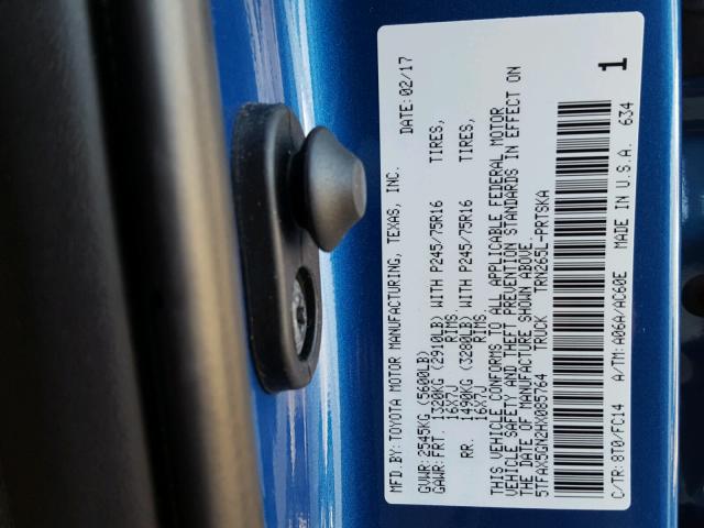 5TFAX5GN2HX085764 - 2017 TOYOTA TACOMA DOU BLUE photo 10