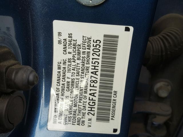 2HGFA1F87AH512055 - 2010 HONDA CIVIC EX BLUE photo 10