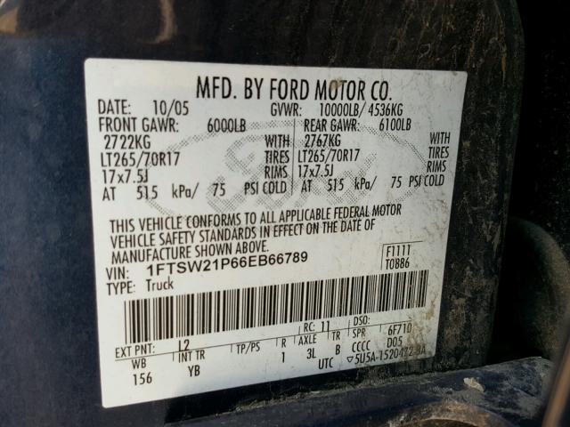 1FTSW21P66EB66789 - 2006 FORD F250 SUPER BLUE photo 10