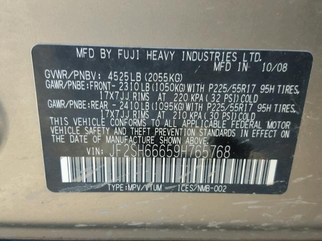 JF2SH66659H765768 - 2009 SUBARU FORESTER 2 GOLD photo 10