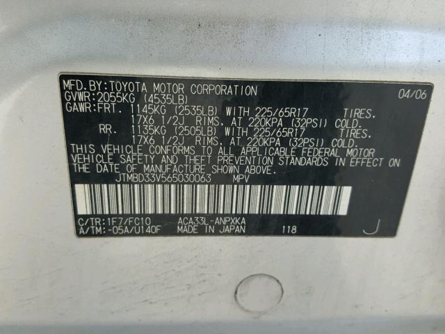 JTMBD33V565030063 - 2006 TOYOTA RAV4 SILVER photo 10