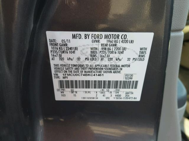 1FMCU0C74BKC41461 - 2011 FORD ESCAPE XLS GRAY photo 10