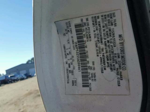 1FAFP53255A200461 - 2005 FORD TAURUS SE WHITE photo 10