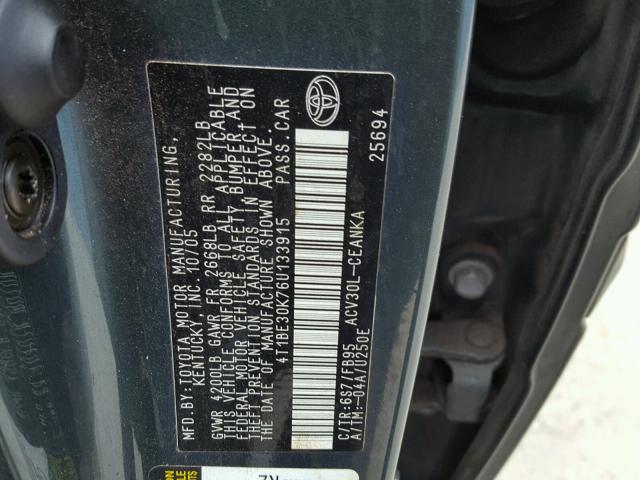 4T1BE30K76U133915 - 2006 TOYOTA CAMRY LE მწვანე ფოტო 10