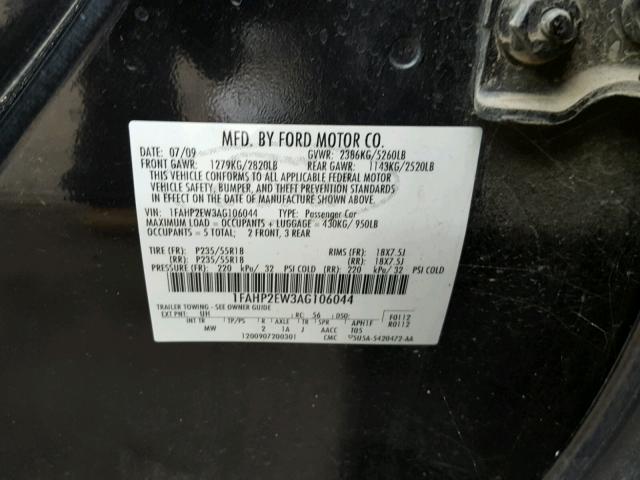 1FAHP2EW3AG106044 - 2010 FORD TAURUS SEL BLACK photo 10