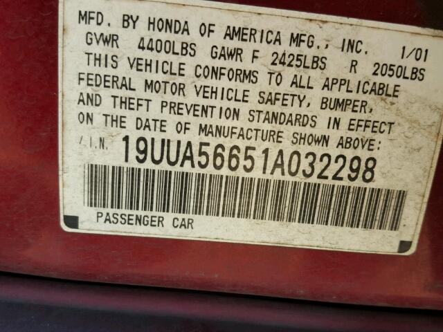 19UUA56651A032298 - 2001 ACURA 3.2TL MAROON photo 10