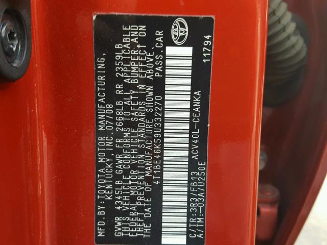4T1BE46K59U332270 - 2009 TOYOTA CAMRY BASE RED photo 10