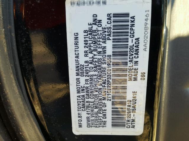 2T1CE22P33C019558 - 2003 TOYOTA CAMRY SOLA BLACK photo 10