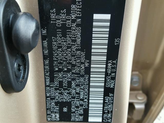 5TDJK3EH3AS010440 - 2010 TOYOTA HIGHLANDER GOLD photo 10