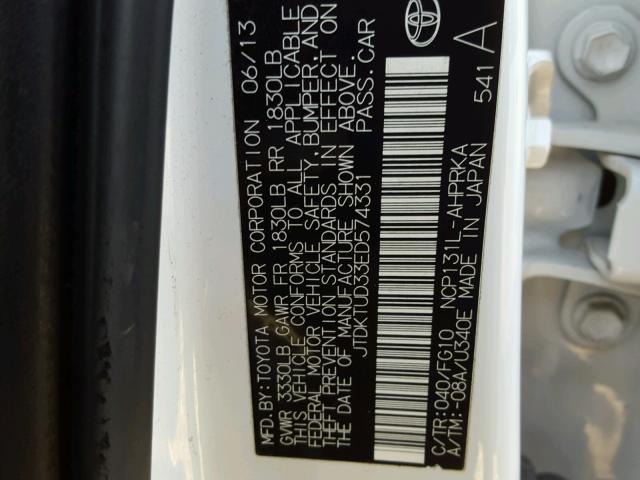 JTDKTUD33ED574331 - 2014 TOYOTA YARIS WHITE photo 10