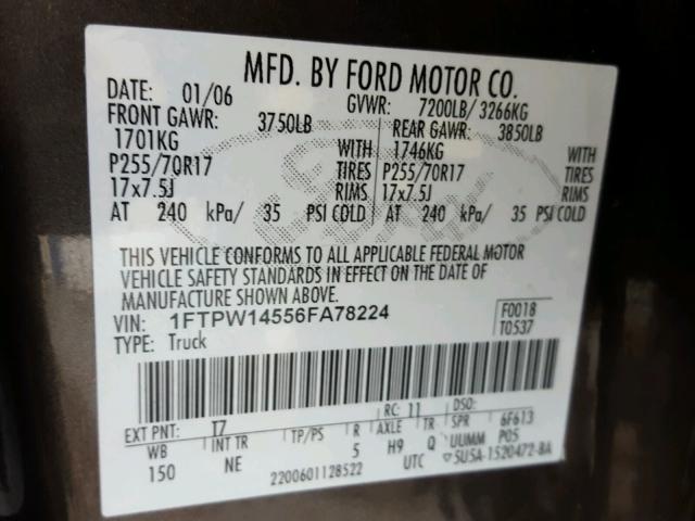 1FTPW14556FA78224 - 2006 FORD F150 SUPER GRAY photo 10