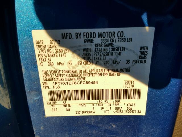 1FTFX1EF8CFC69454 - 2012 FORD F150 SUPER BLUE photo 10