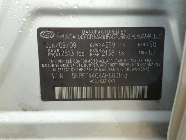 5NPET4AC8AH603148 - 2010 HYUNDAI SONATA GLS SILVER photo 10