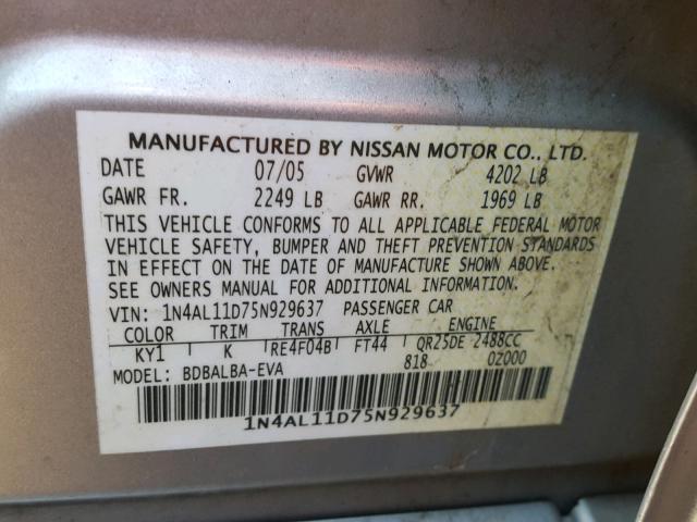 1N4AL11D75N929637 - 2005 NISSAN ALTIMA S SILVER photo 10