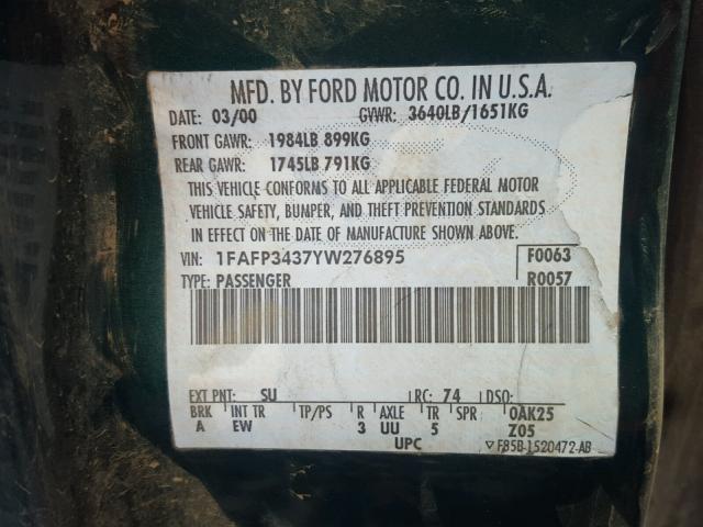 1FAFP3437YW276895 - 2000 FORD FOCUS SE GREEN photo 10