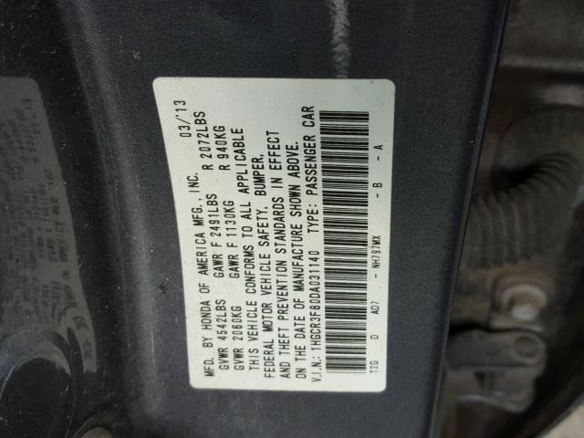 1HGCR3F80DA031140 - 2013 HONDA ACCORD EXL GRAY photo 10